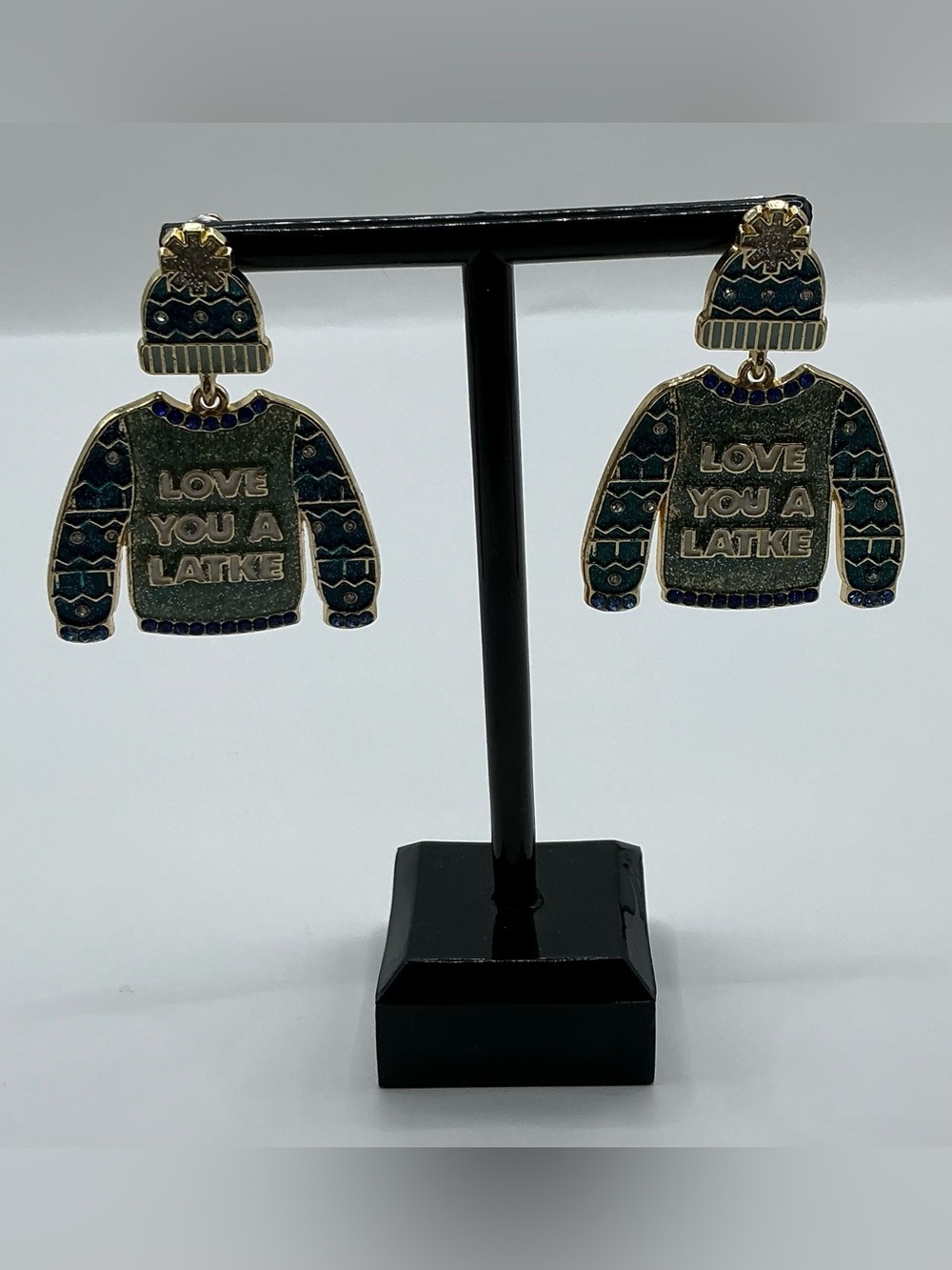 SUGARFIX LOVR YOU A LATKE GOLD TONE ENAMEL SWEATER AND HAT EARRINGS